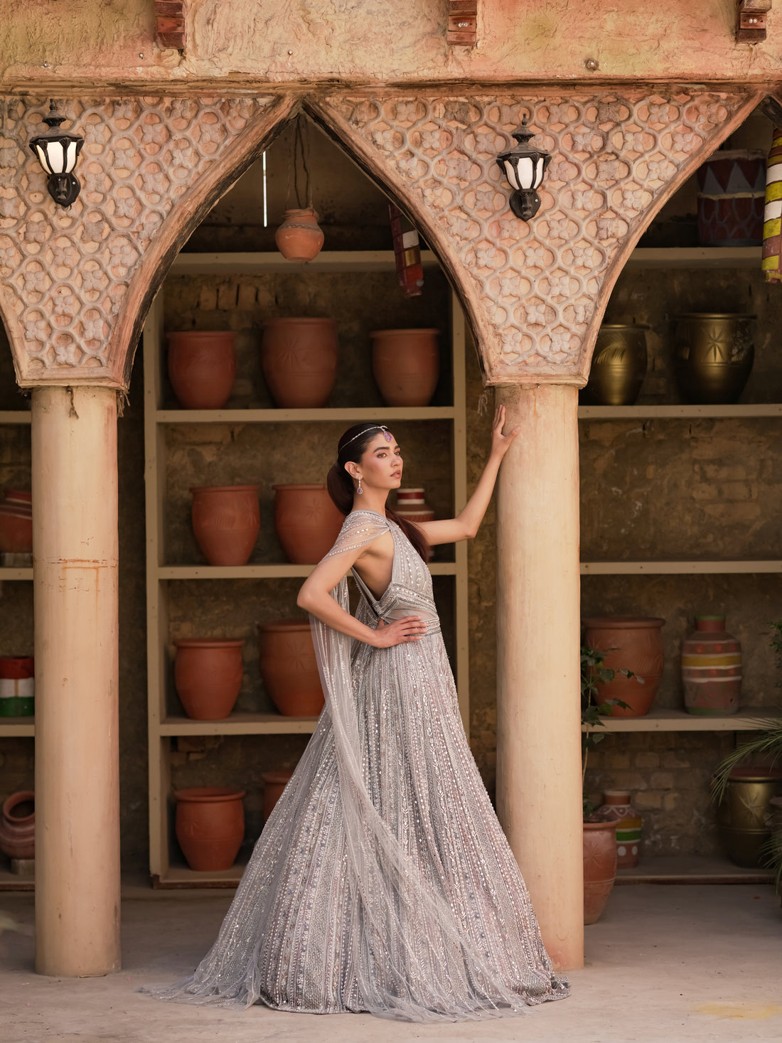Sitara silver grey cape evening gown with structured halter bodice