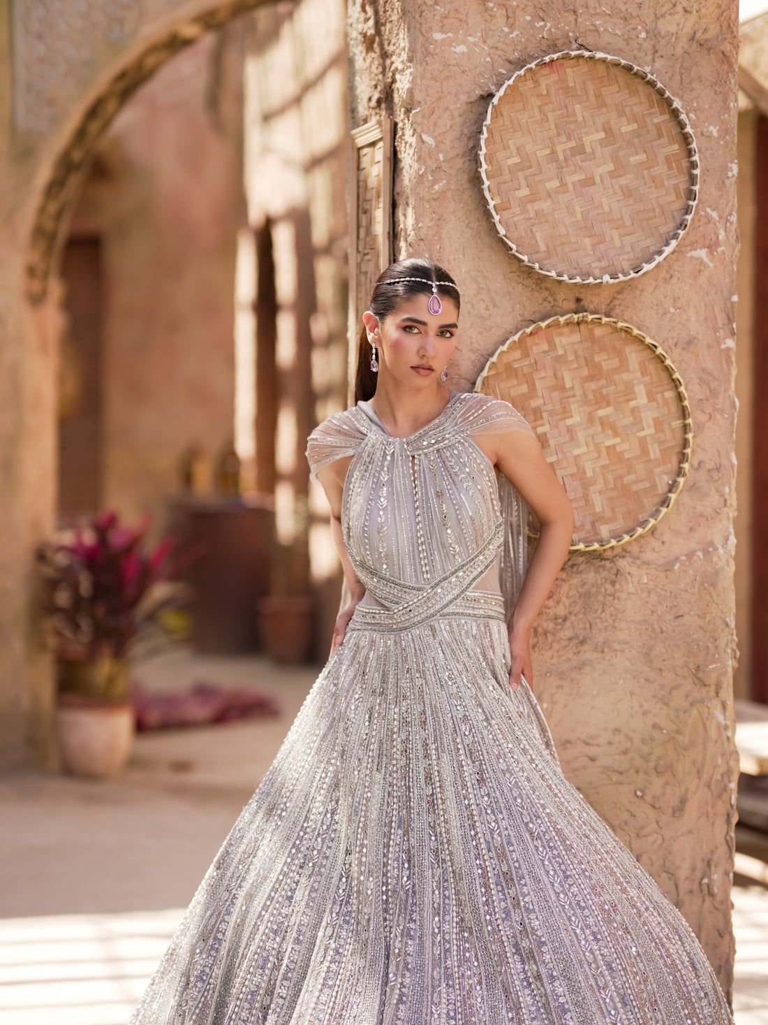 Sitara silver grey cape evening gown with structured halter bodice