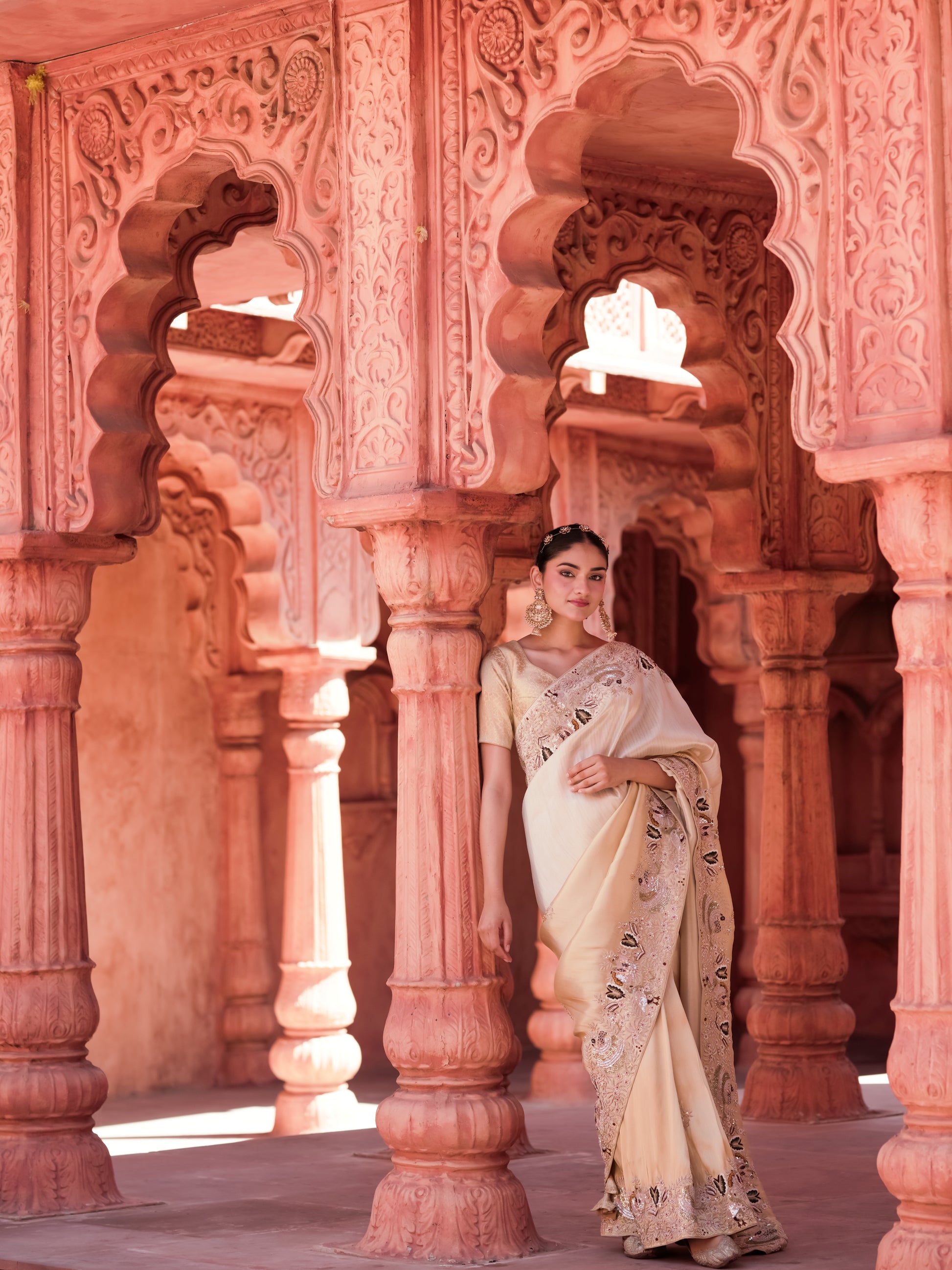 Heritage ivory saree with resham sequins and beadwork