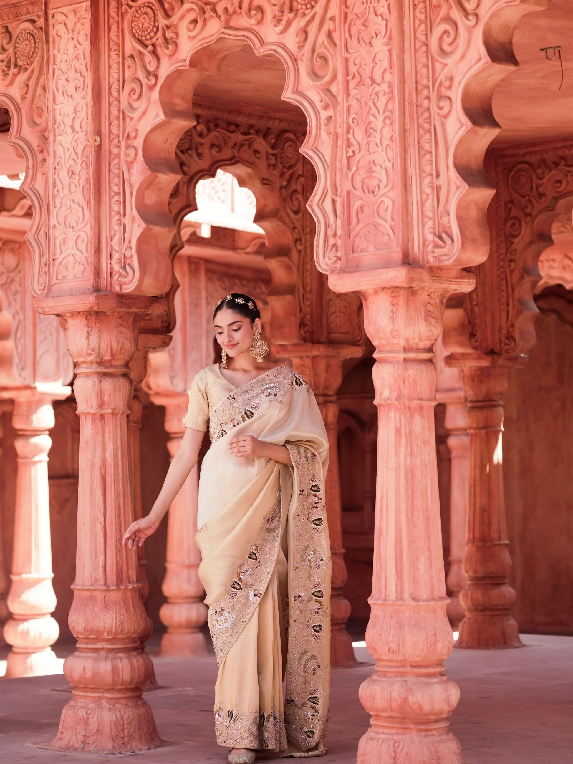 Ivory saree with fitted short-sleeve blouse and antique border