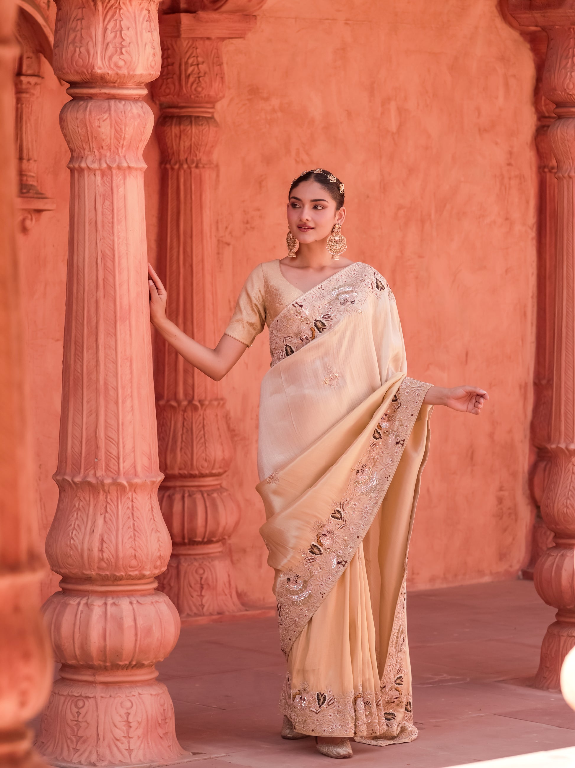 Kashish warm ivory saree with antique taupe border and beadwork