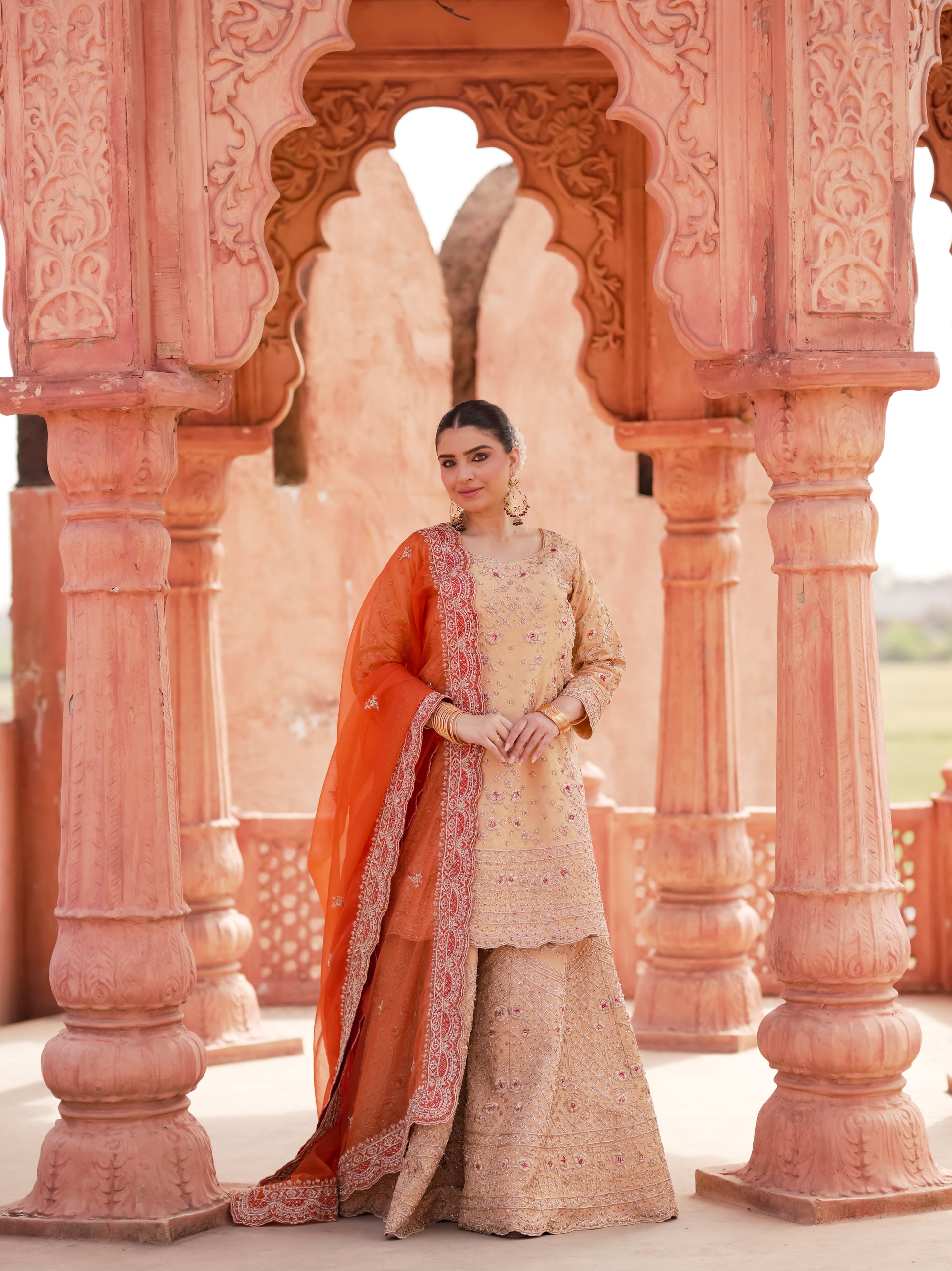 Peach gold wedding sharara with zari sequins and resham embroidery