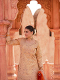 Kesari Gul peach gold sharara set with coral red dupatta