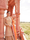 Designer peach gold sharara with floral butis lattice panels and scalloped borders