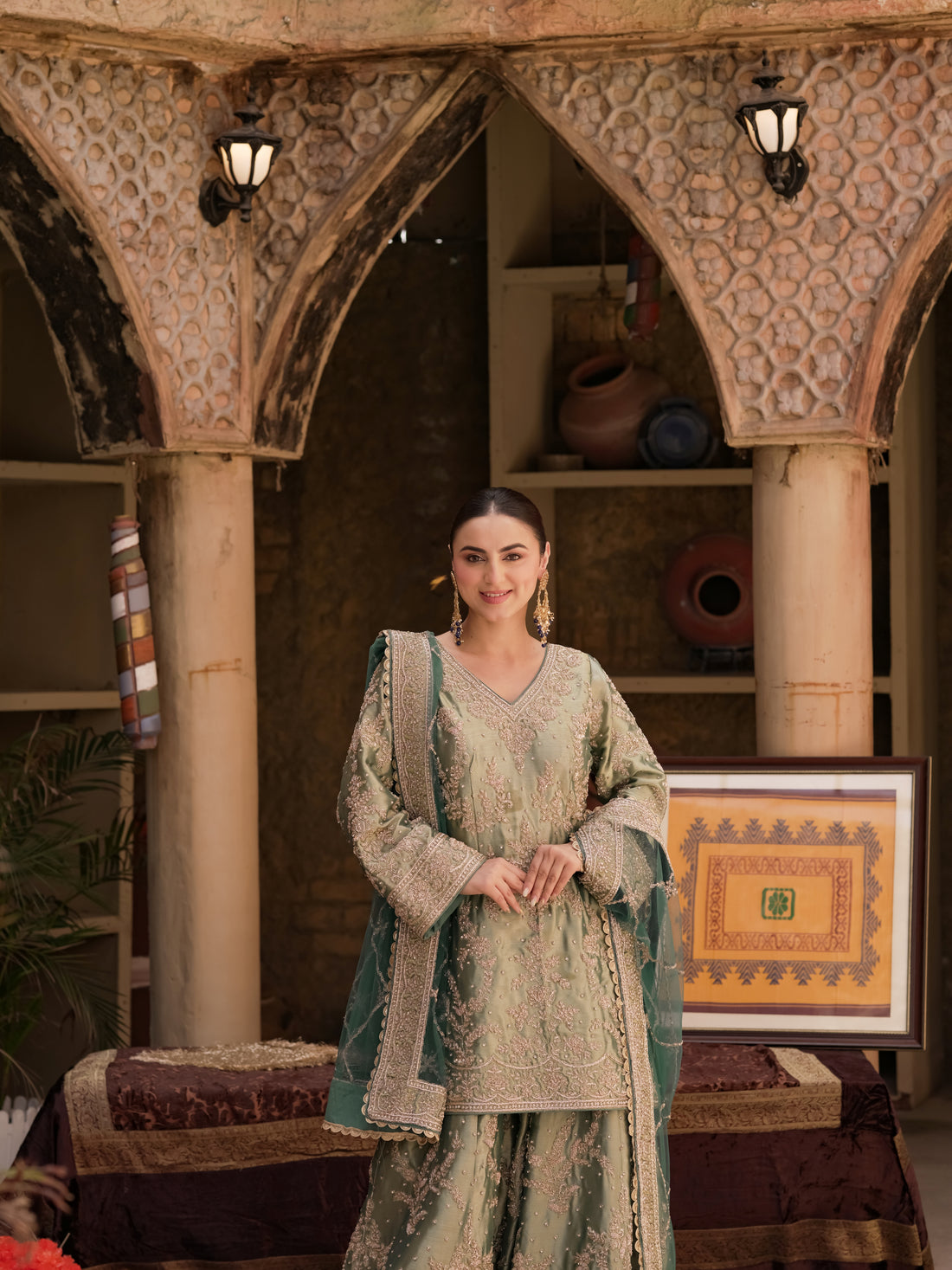 Pista Mehr pistachio green palazzo suit with deep teal dupatta