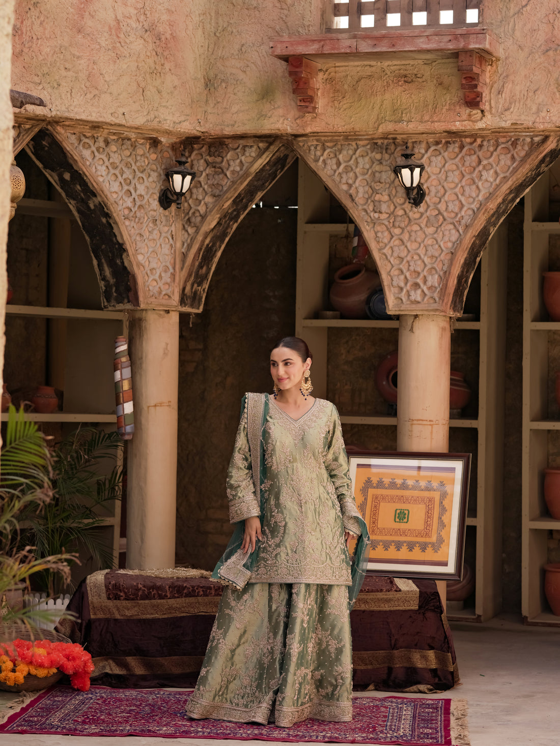 Pista Mehr pistachio green palazzo suit with deep teal dupatta