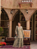 Pistachio green palazzo suit with floral vines and scalloped borders