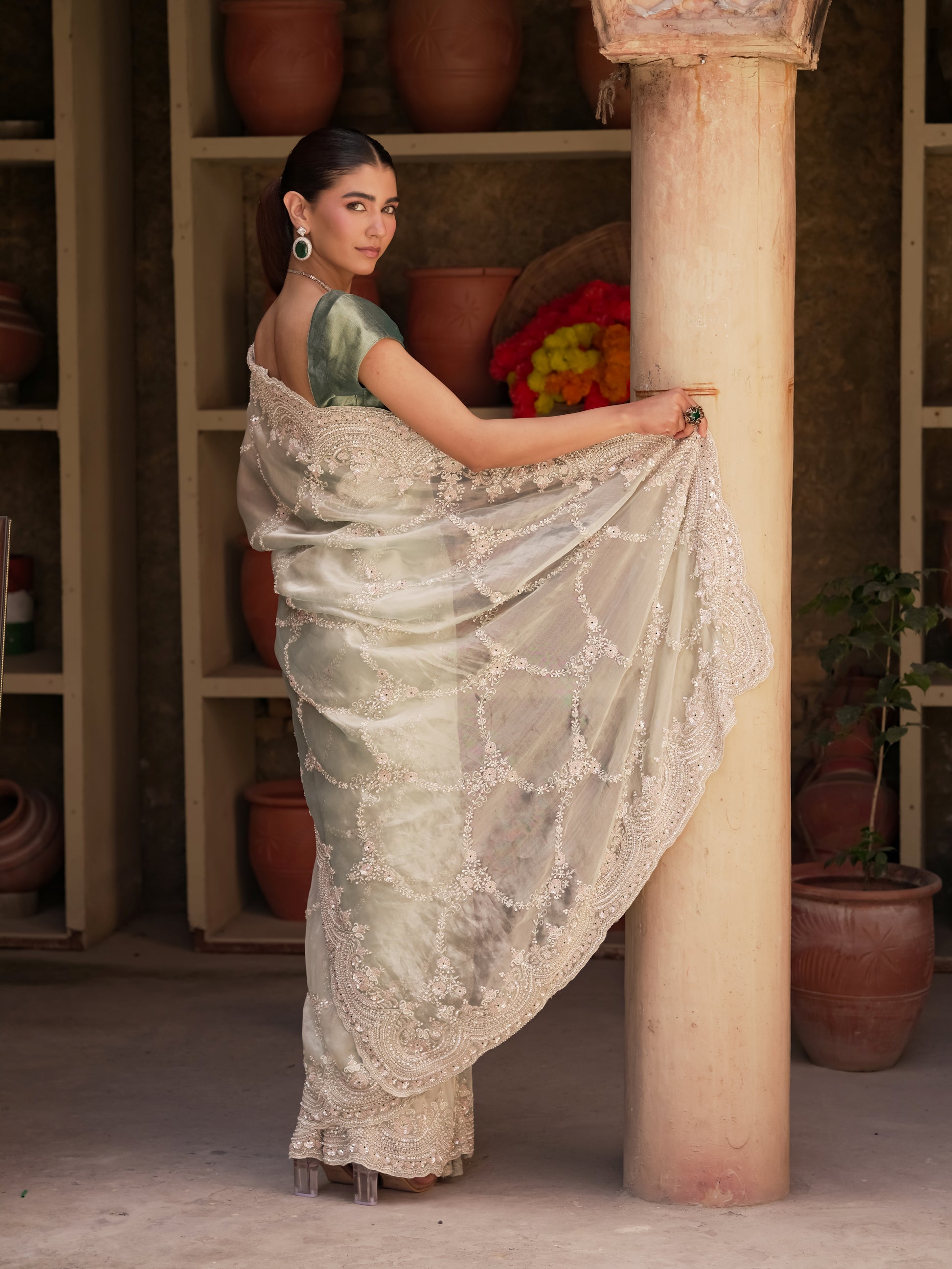 Ice mint occasion saree with pearl embroidery and floral vines