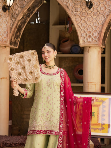 Pista Rani Pistachio Green Palazzo Suit with Rani Pink Dupatta