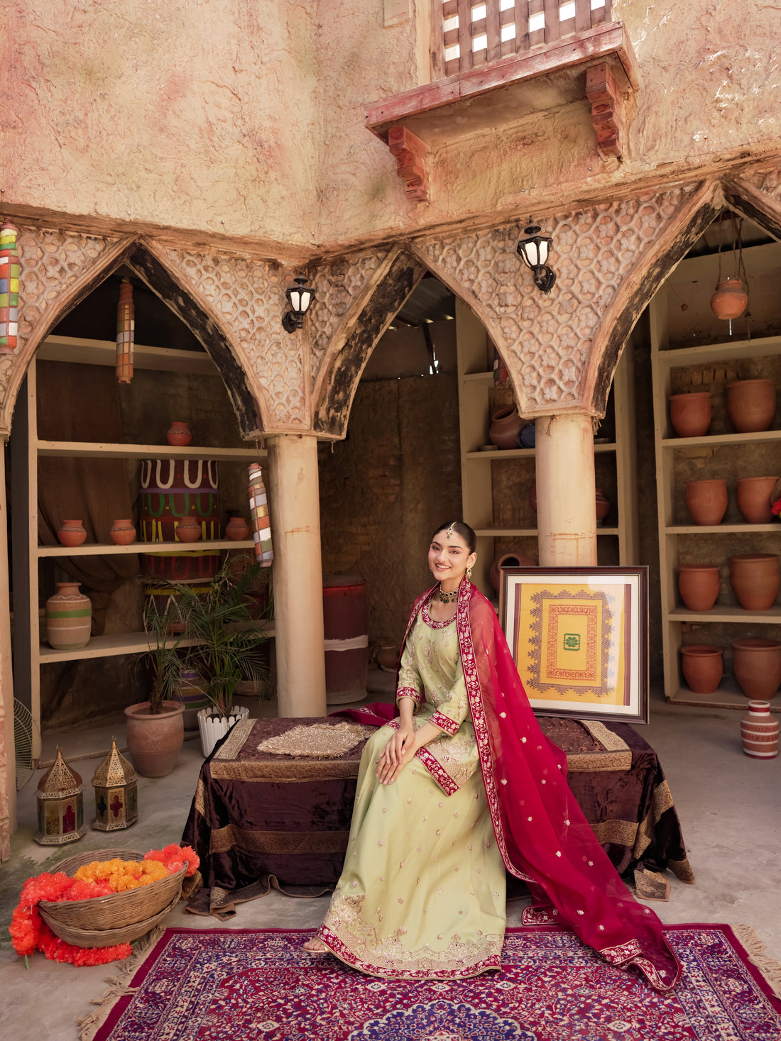 Pista Rani Pistachio Green Palazzo Suit with Rani Pink Dupatta
