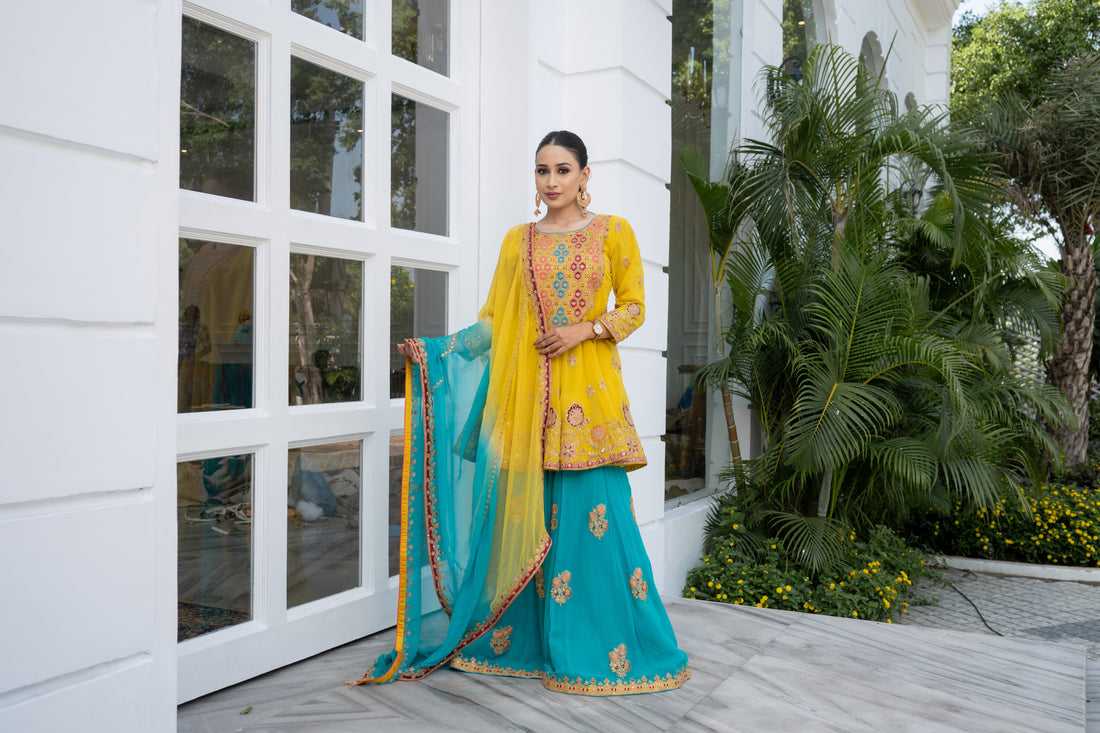 Turquoise-Mustard sharara for haldi, partywear, engagement