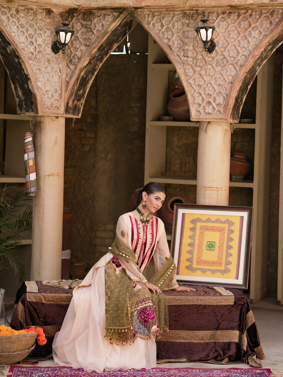 Mehfil Mor Ivory Festive Suit with Wine Panels & Organza Dupatta