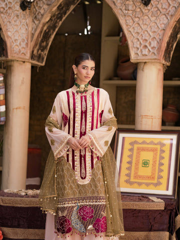 Mehfil Mor Ivory Festive Suit with Wine Panels & Organza Dupatta