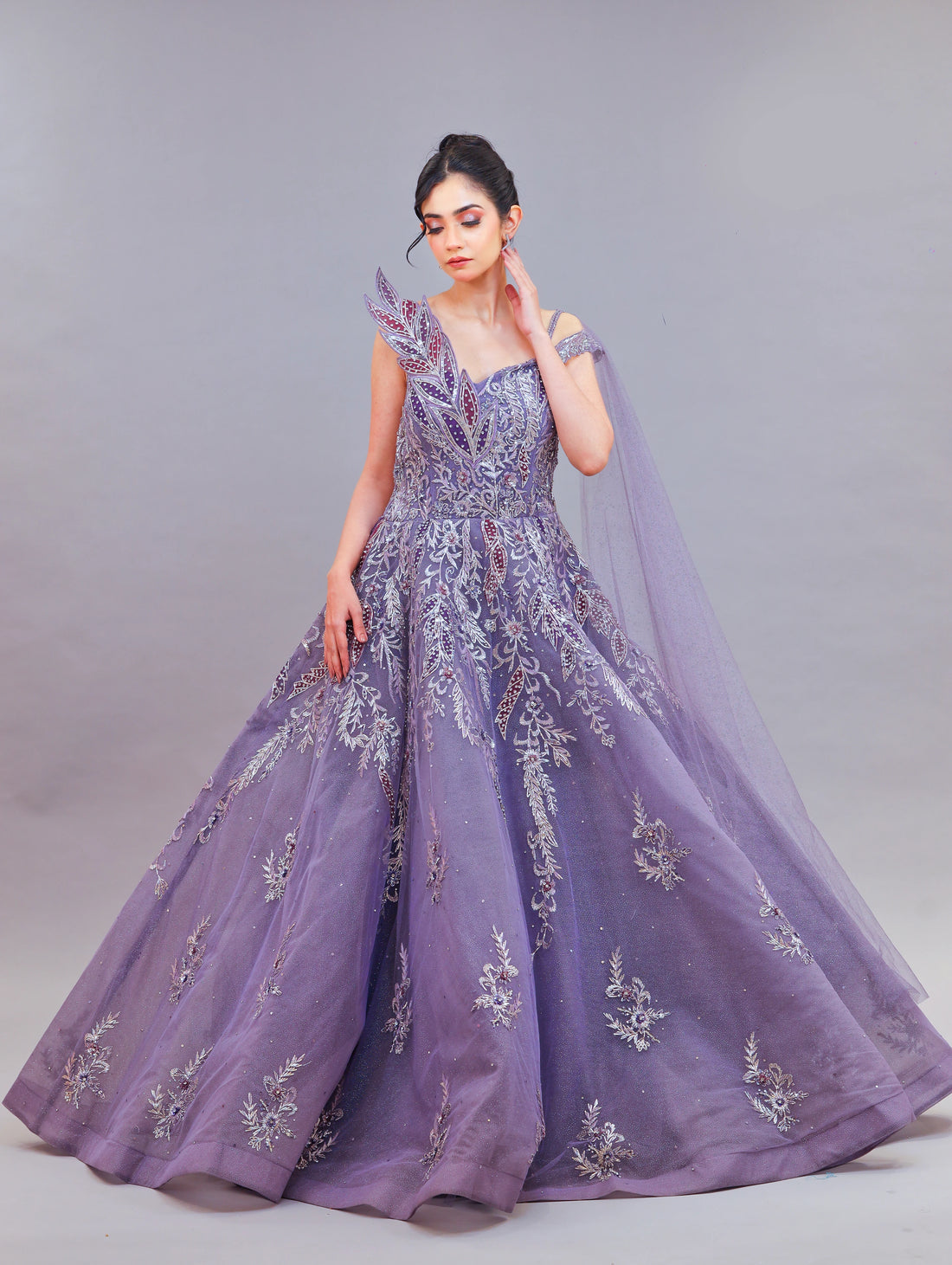 Regal Lavender Draped Gown with Sequins & Crystal Work