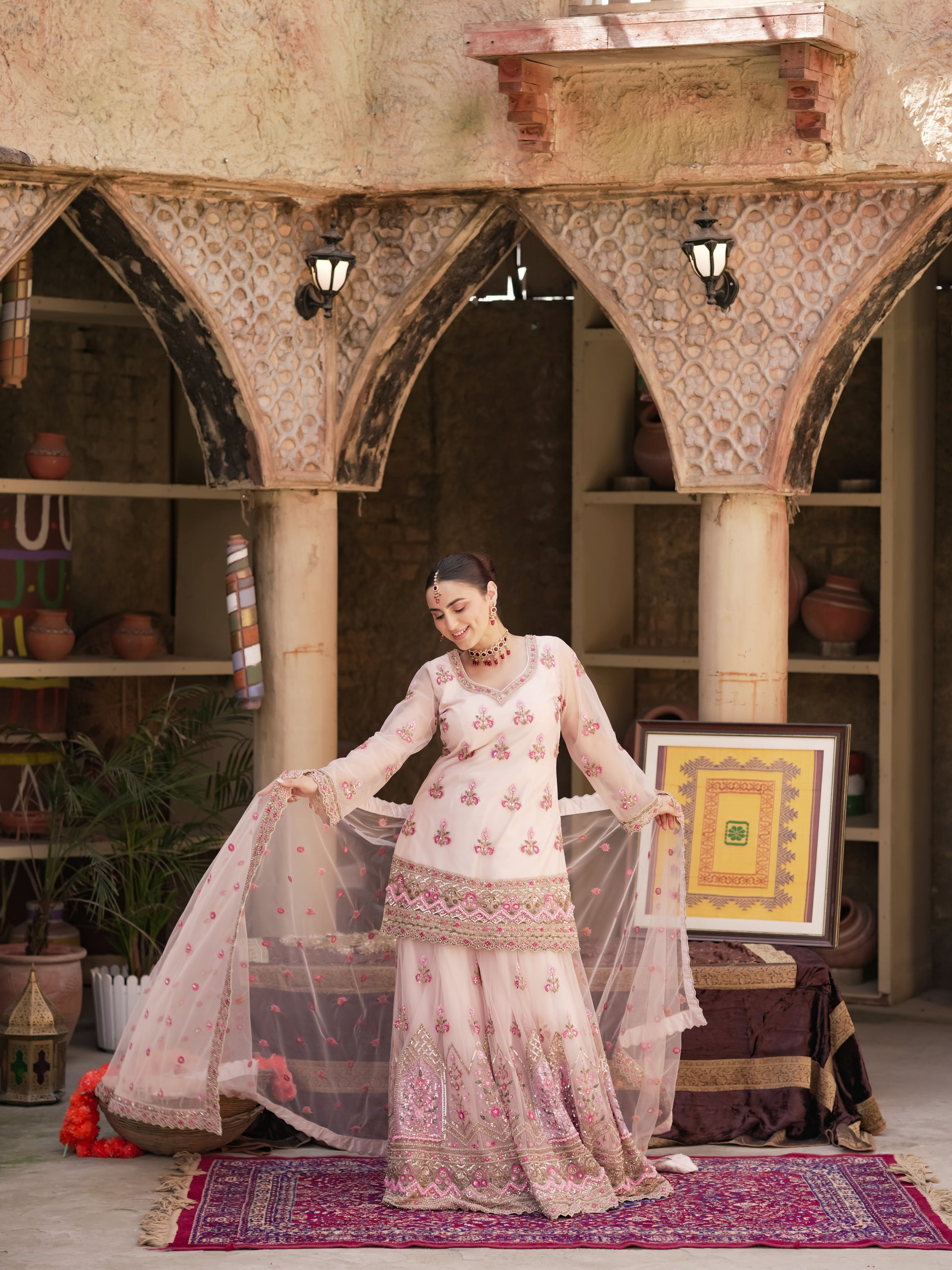 Blush Pink Floral Lehenga with Fuchsia Accents