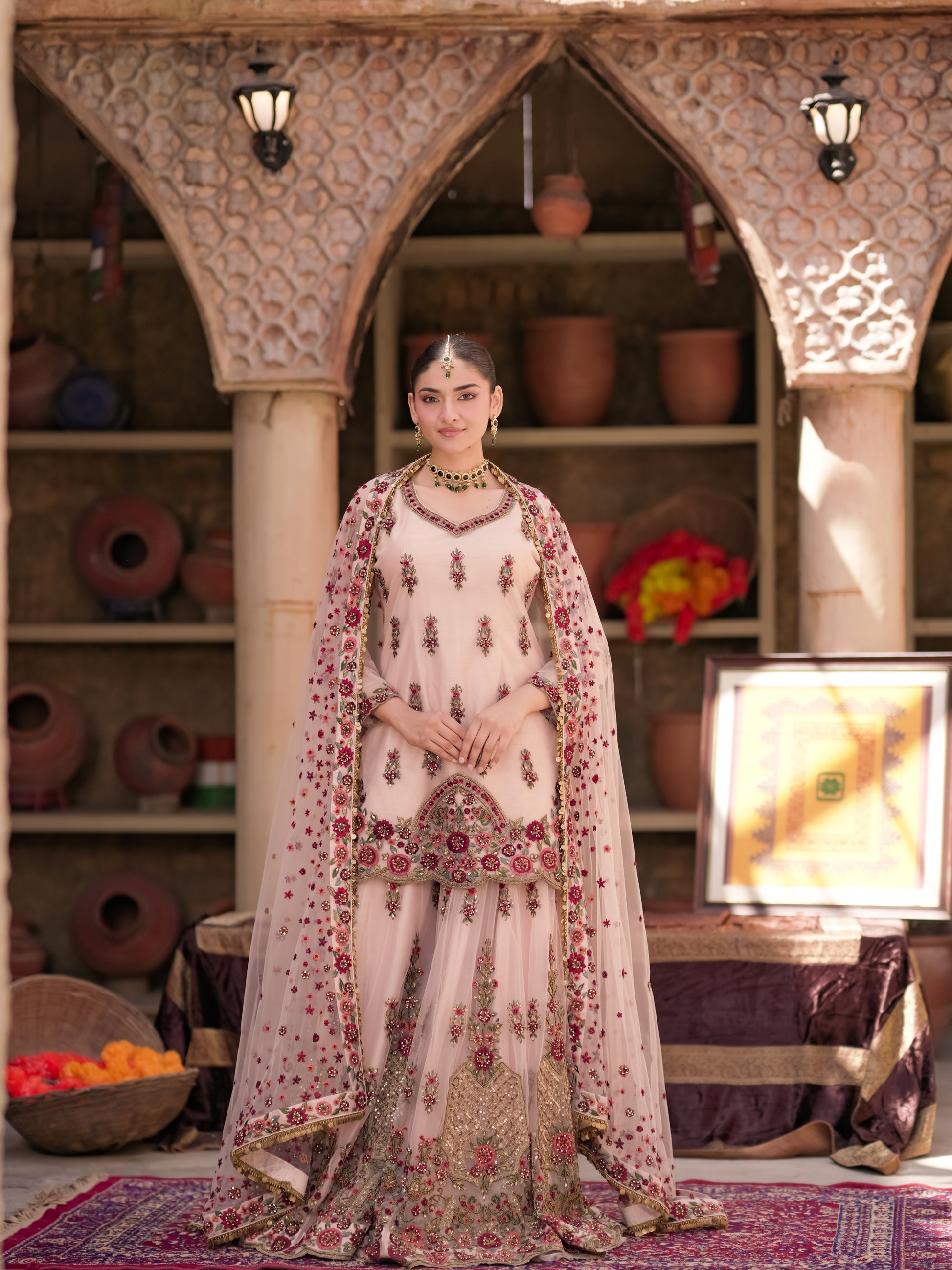 Blush ivory sharara set with berry pink florals and cape dupatta