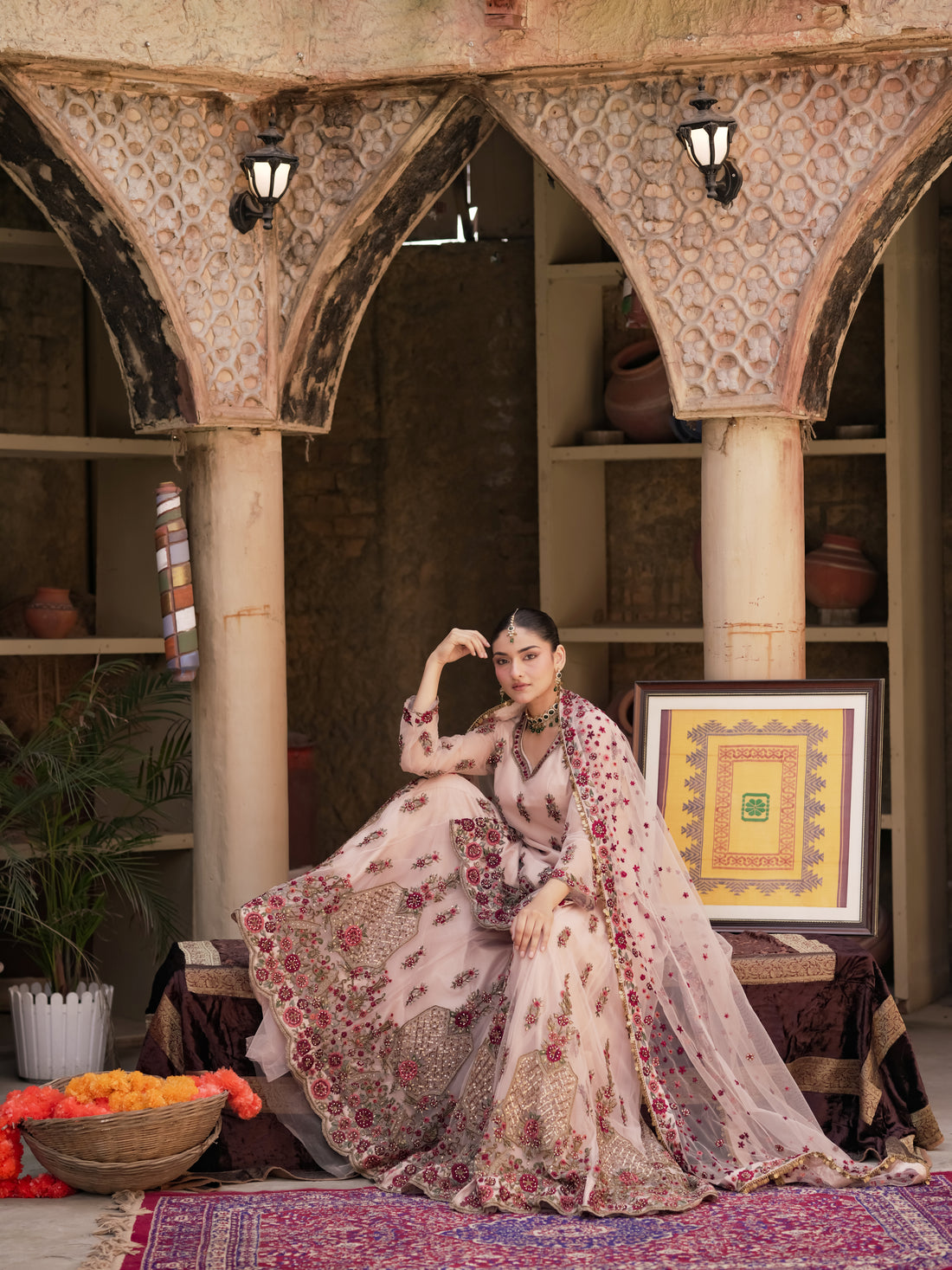 Blush ivory sharara set with berry pink florals and cape dupatta