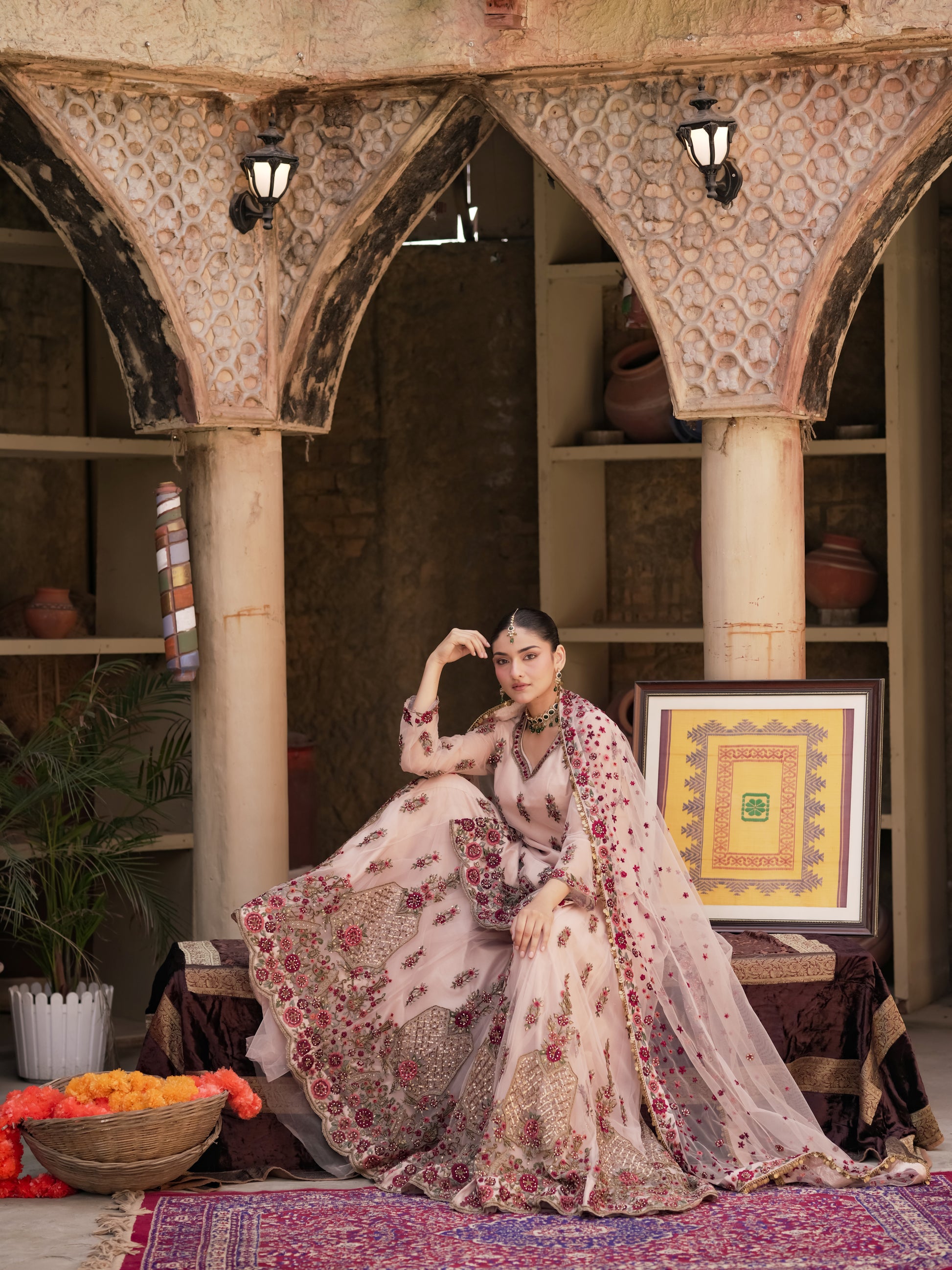 Blush ivory wedding sharara with antique gold embroidery