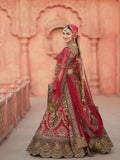 Layered sheer dupatta with antique-gold detailing on red bridal lehenga