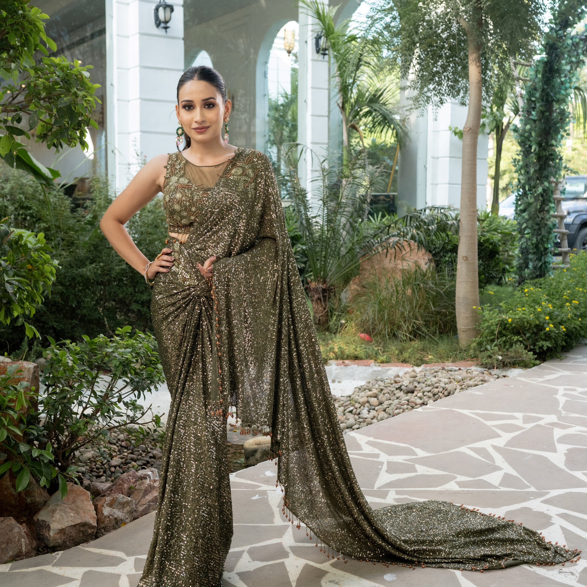 olive green partywear saree for engagement, reception, ring ceremony