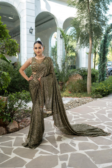 olive green partywear saree for engagement, reception, ring ceremony