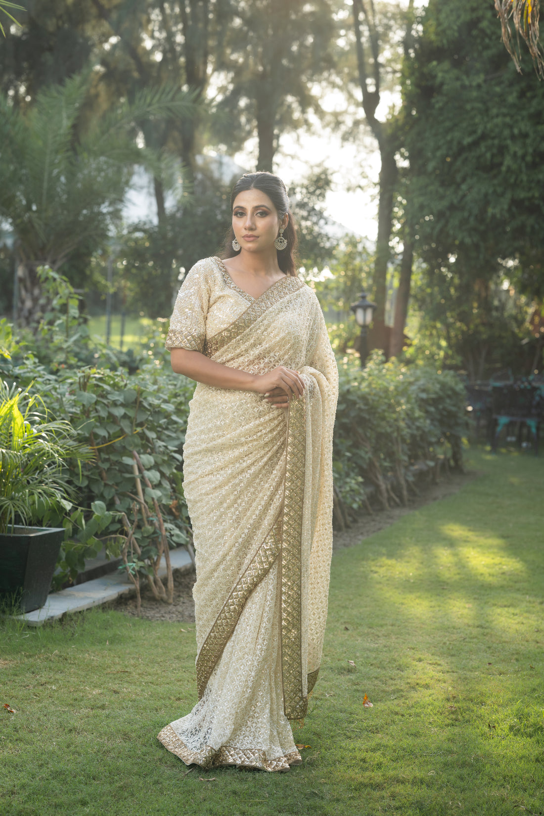 Sand gold partywear saree for engagement, wedding, reception