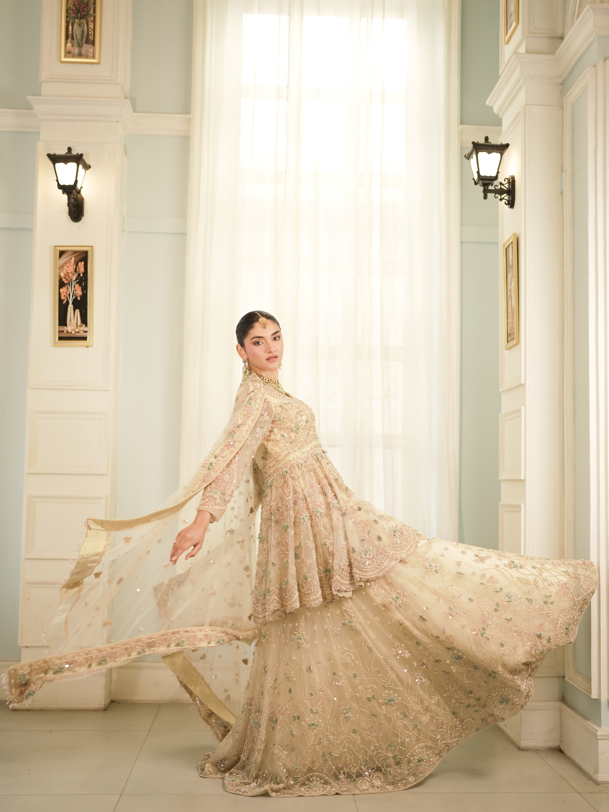 Indo-Western peplum sharara with layered wide-flare pants and dupatta