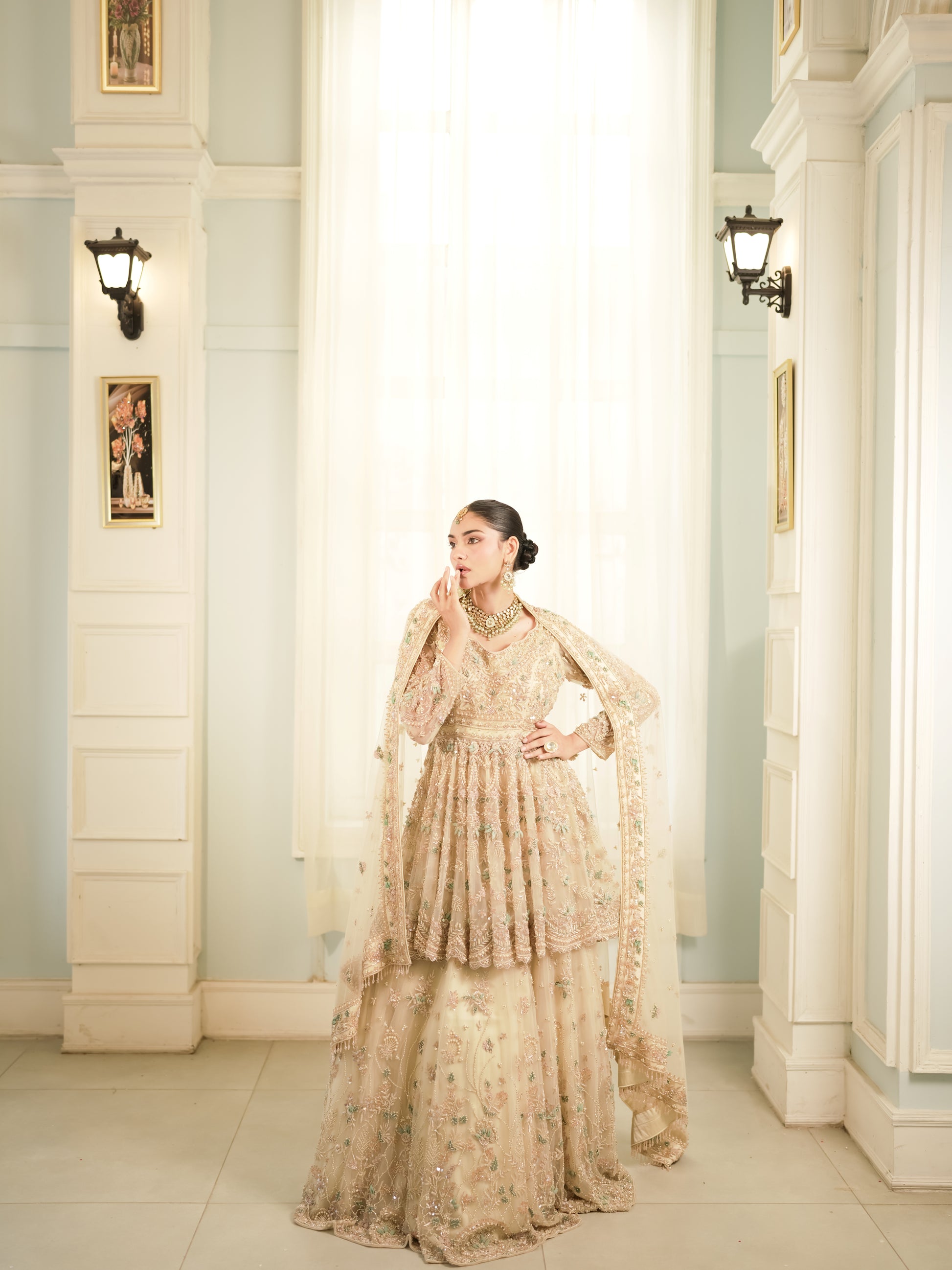 Champagne ivory sharara set with pearls, zari and pastel floral embroidery