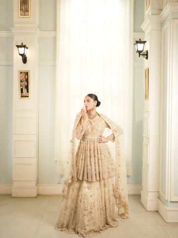 Champagne ivory sharara set with pearls, zari and pastel floral embroidery