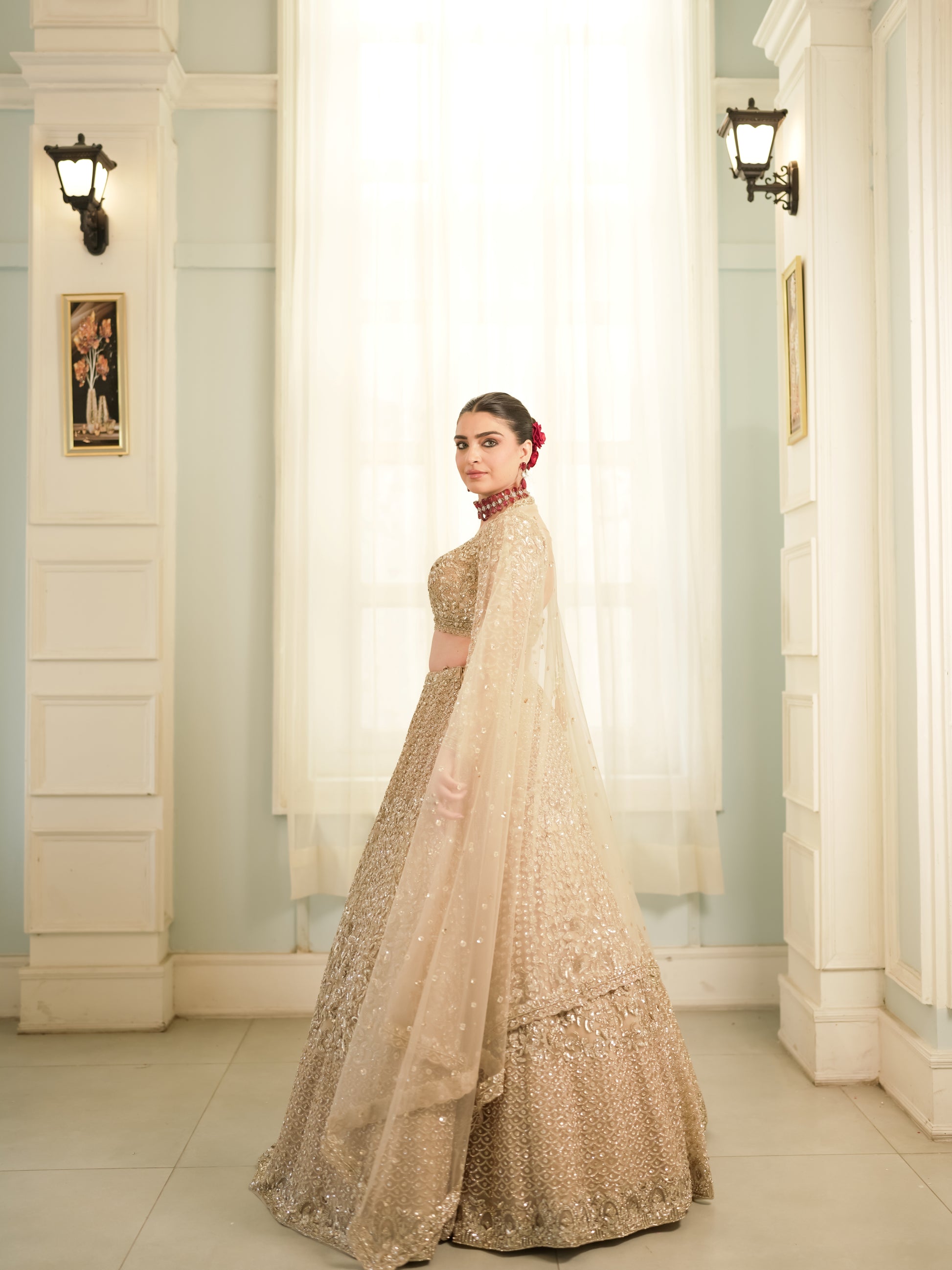 Latest champagne gold lehenga for wedding