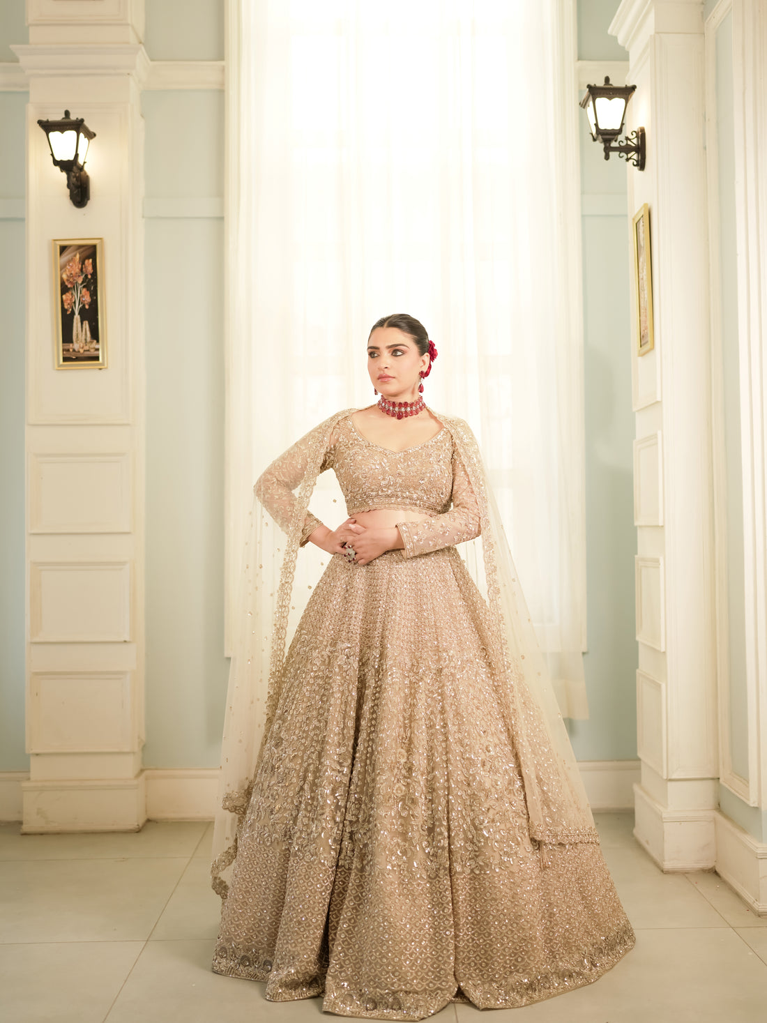 Sunehri Jaal champagne gold reception lehenga with cape-style dupatta