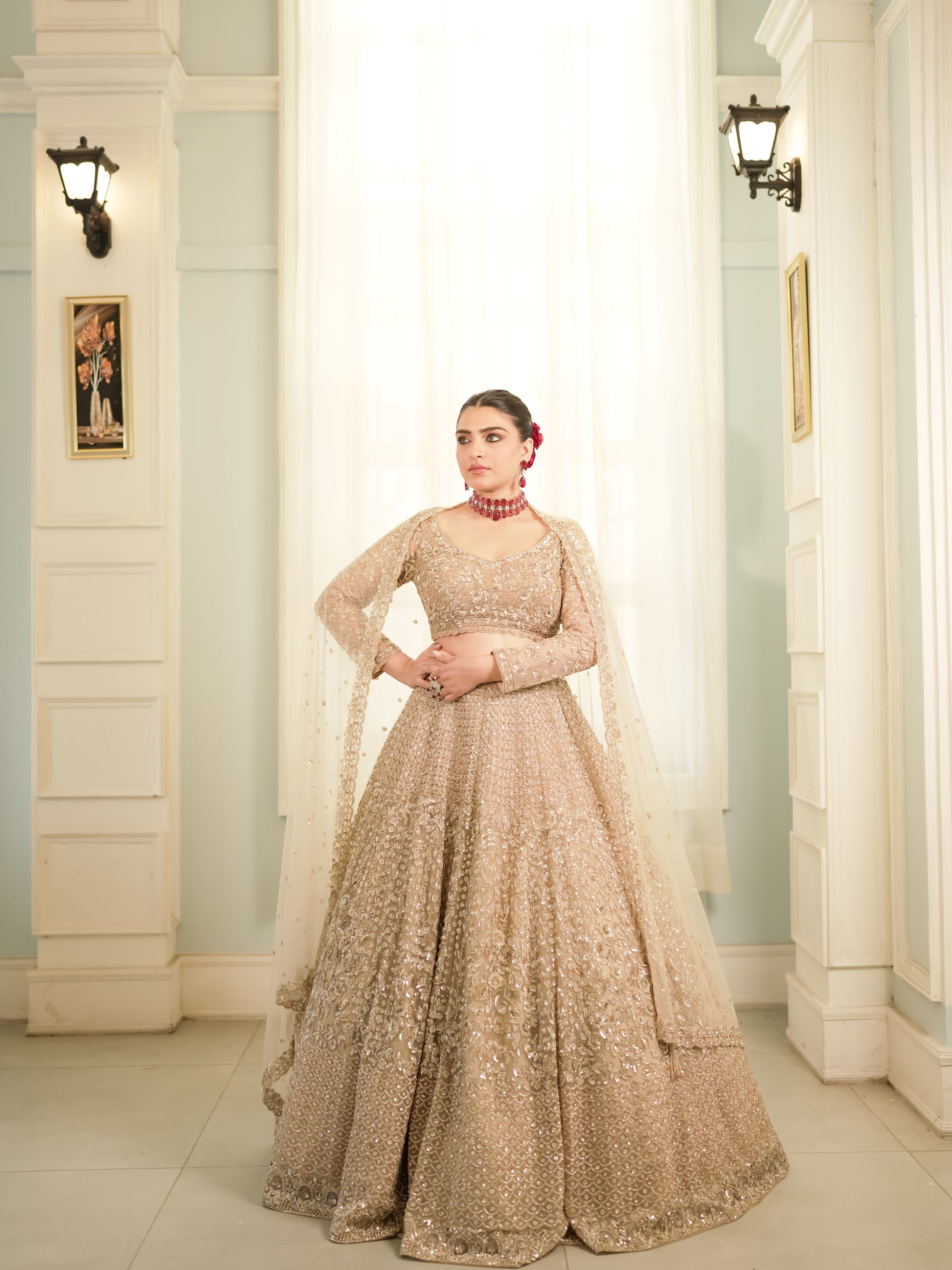 Sunehri Jaal champagne gold reception lehenga with cape-style dupatta