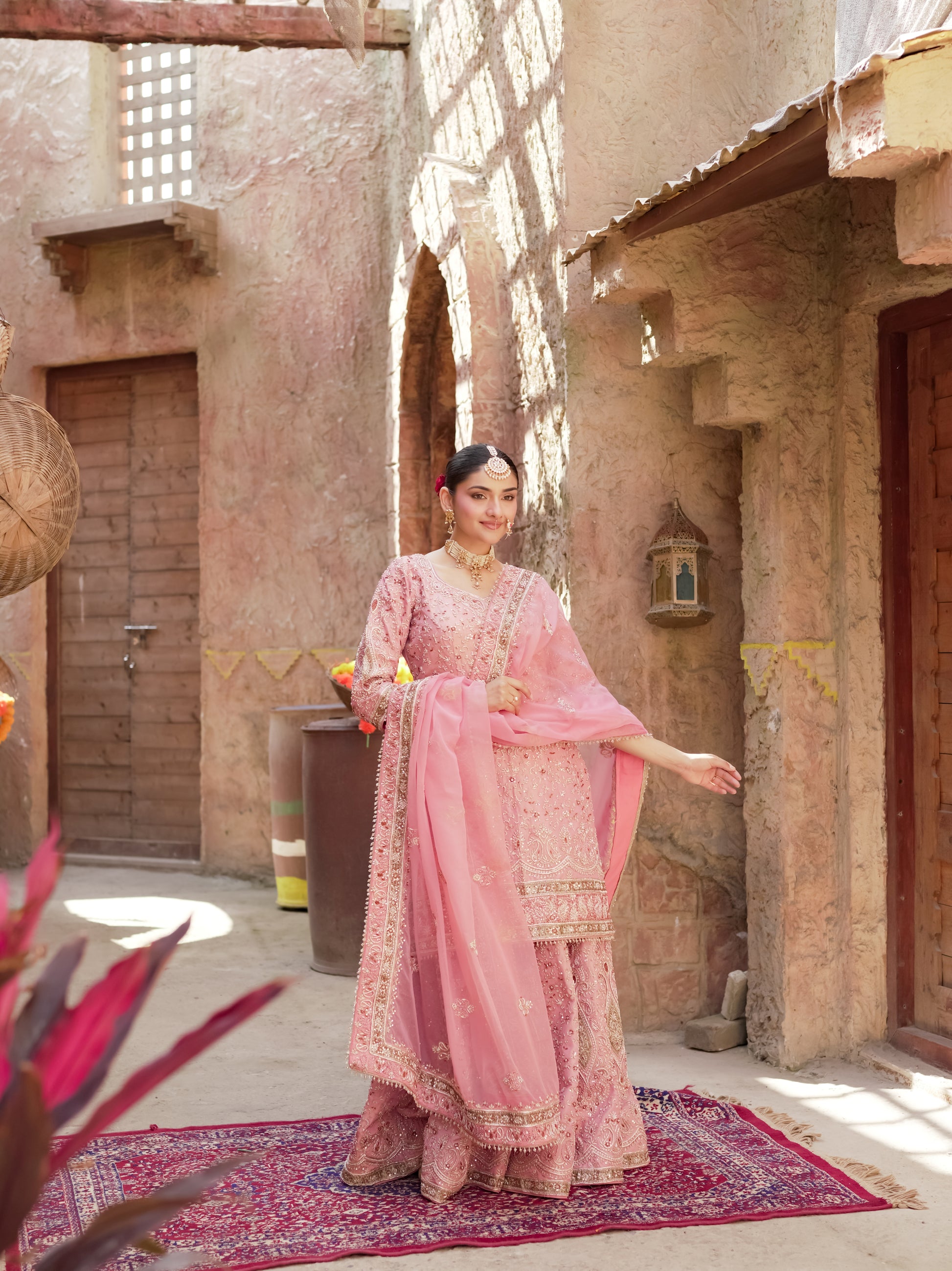 Gulbahar petal pink festive sharara set with flowing dupatta