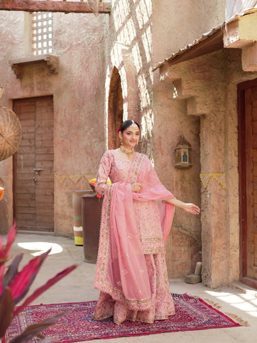 Gulbahar petal pink festive sharara set with flowing dupatta