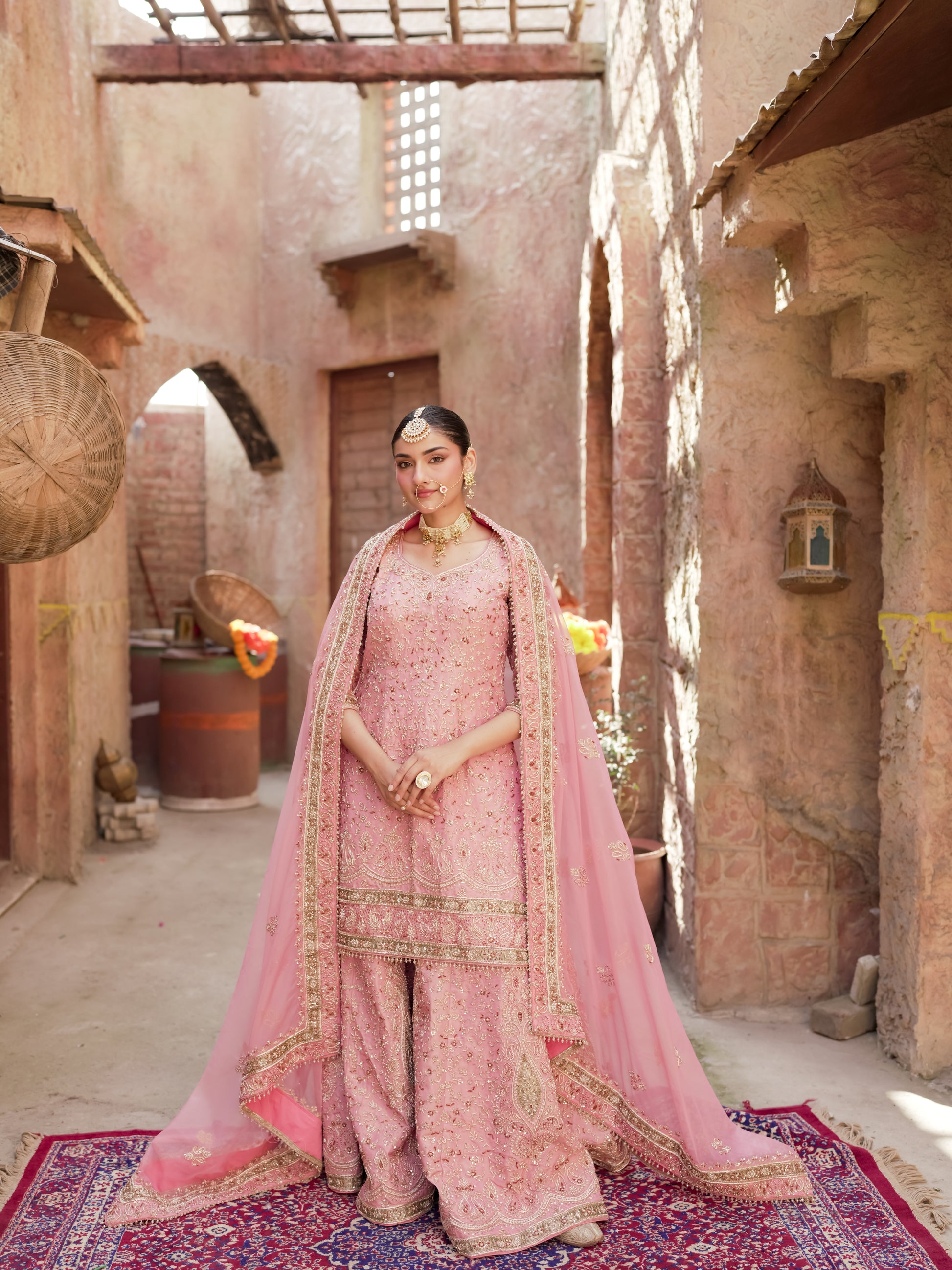 Petal pink festive sharara with paisley floral and scalloped detailing