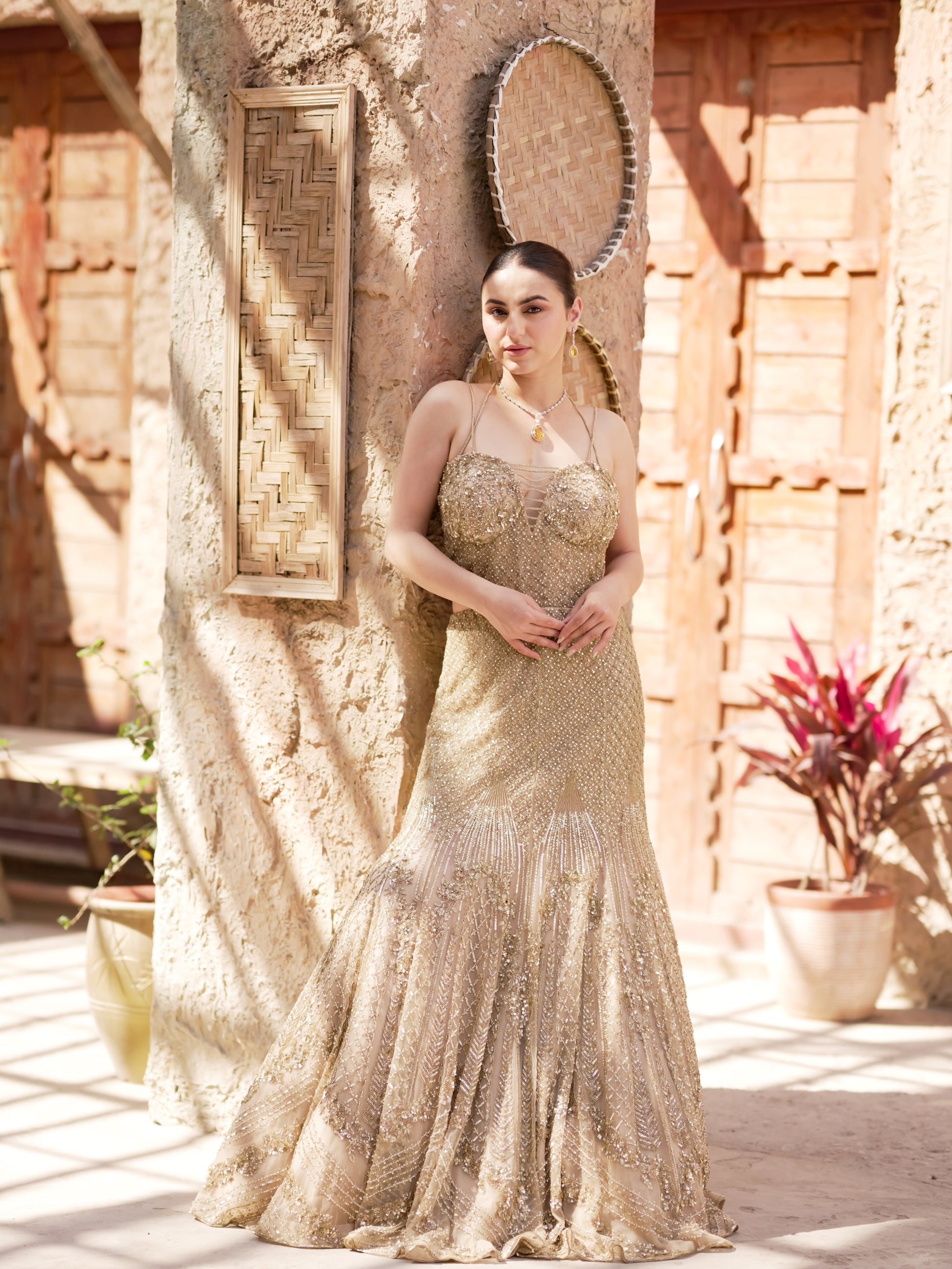 Ziya champagne gold fishtail evening gown with crystal and pearl embellishment