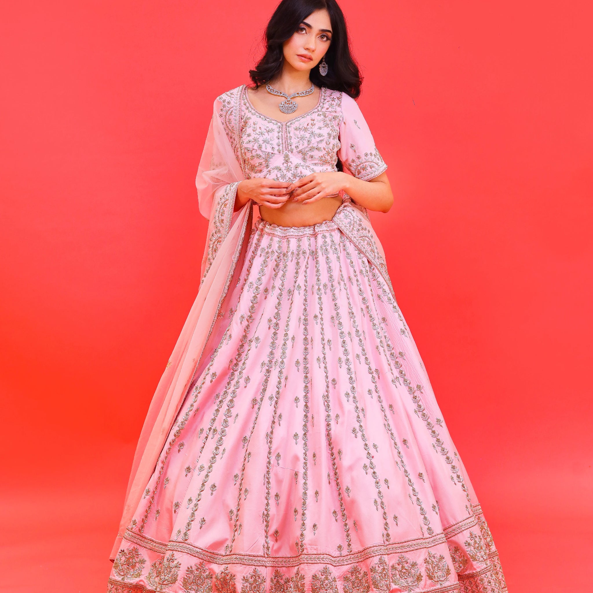 Baby Pink Pure Gavadin Silk Lehenga with Zardozi Work