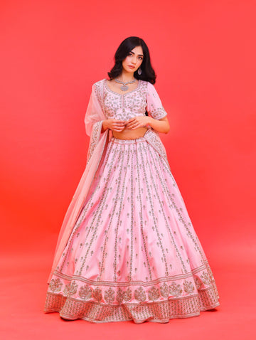 Baby Pink Pure Gavadin Silk Lehenga with Zardozi Work