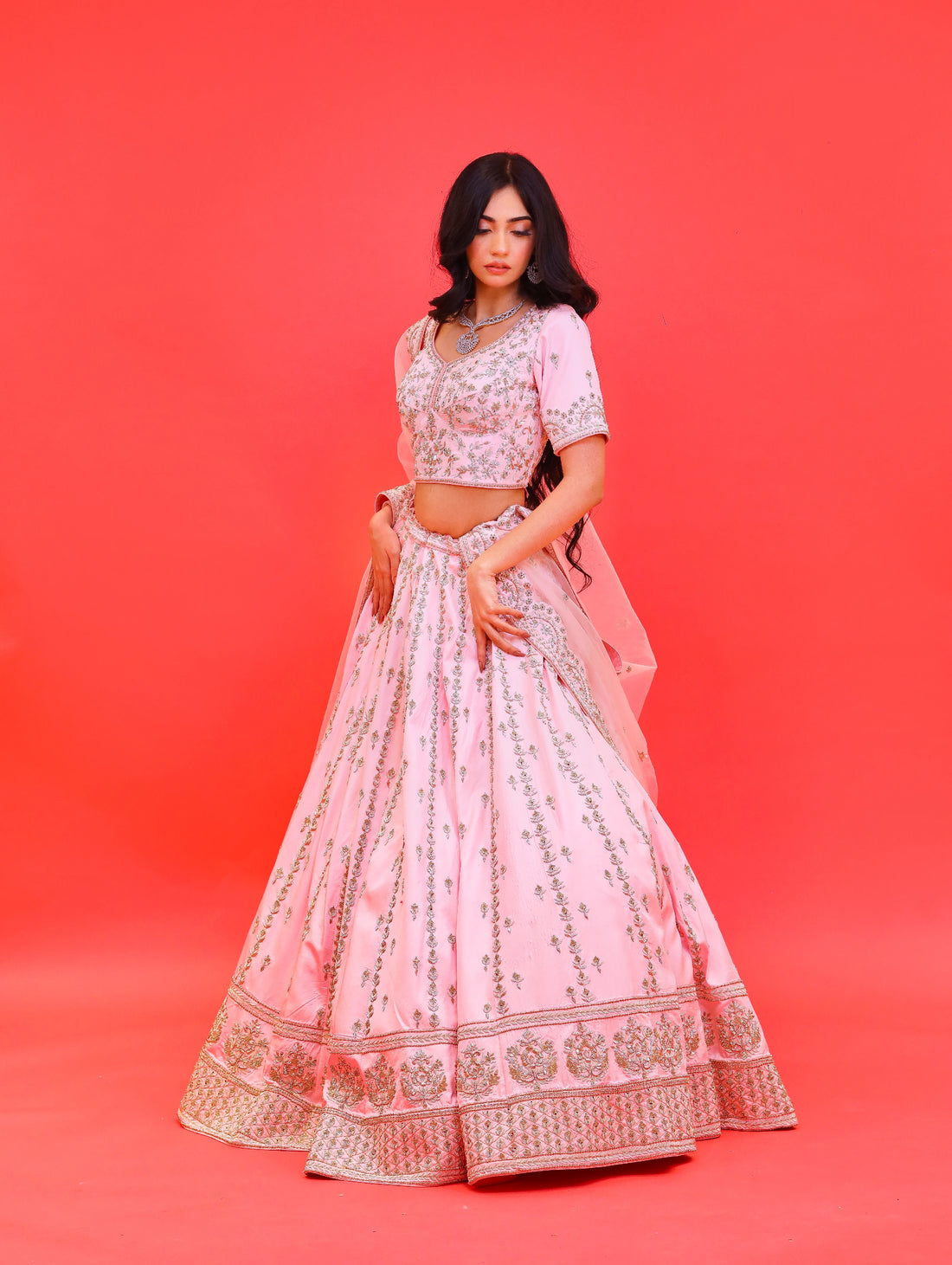 Baby Pink Pure Gavadin Silk Lehenga with Zardozi Work