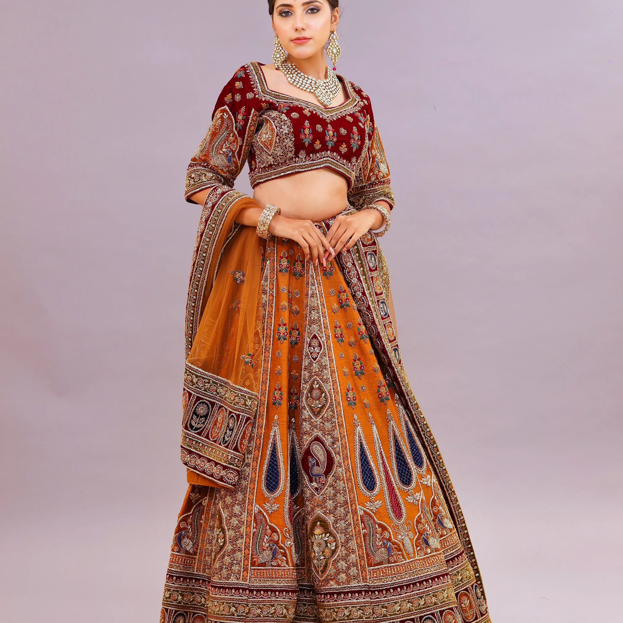 Exquisite Copper Raw Silk Bridal Lehenga Set with Kora Dabka Work