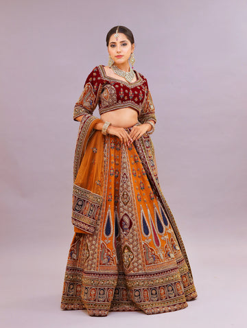 Exquisite Copper Raw Silk Bridal Lehenga Set with Kora Dabka Work