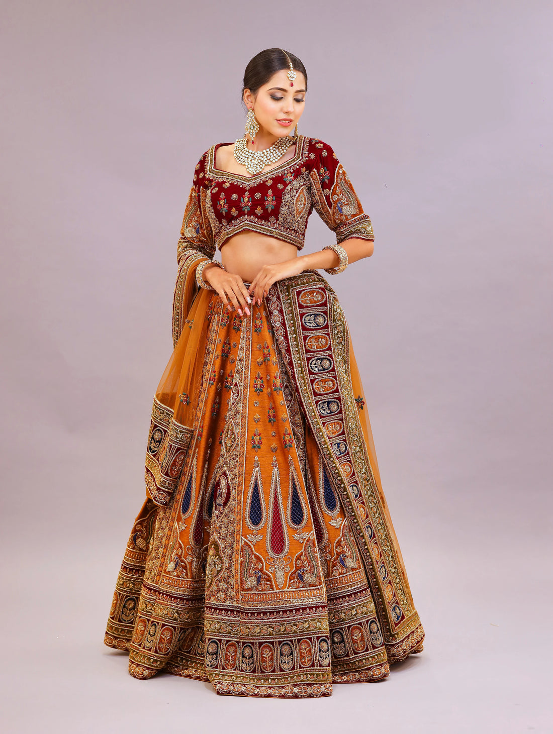 Exquisite Copper Raw Silk Bridal Lehenga Set with Kora Dabka Work