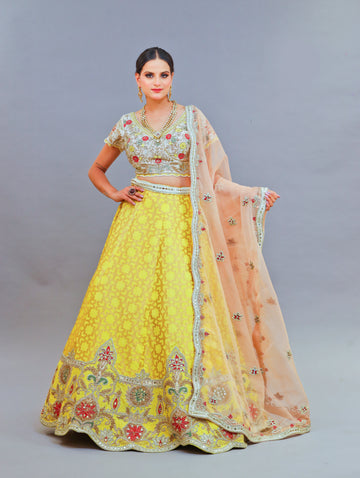 Yellow Brocade Nakshi Work Lehenga with Floral Motifs