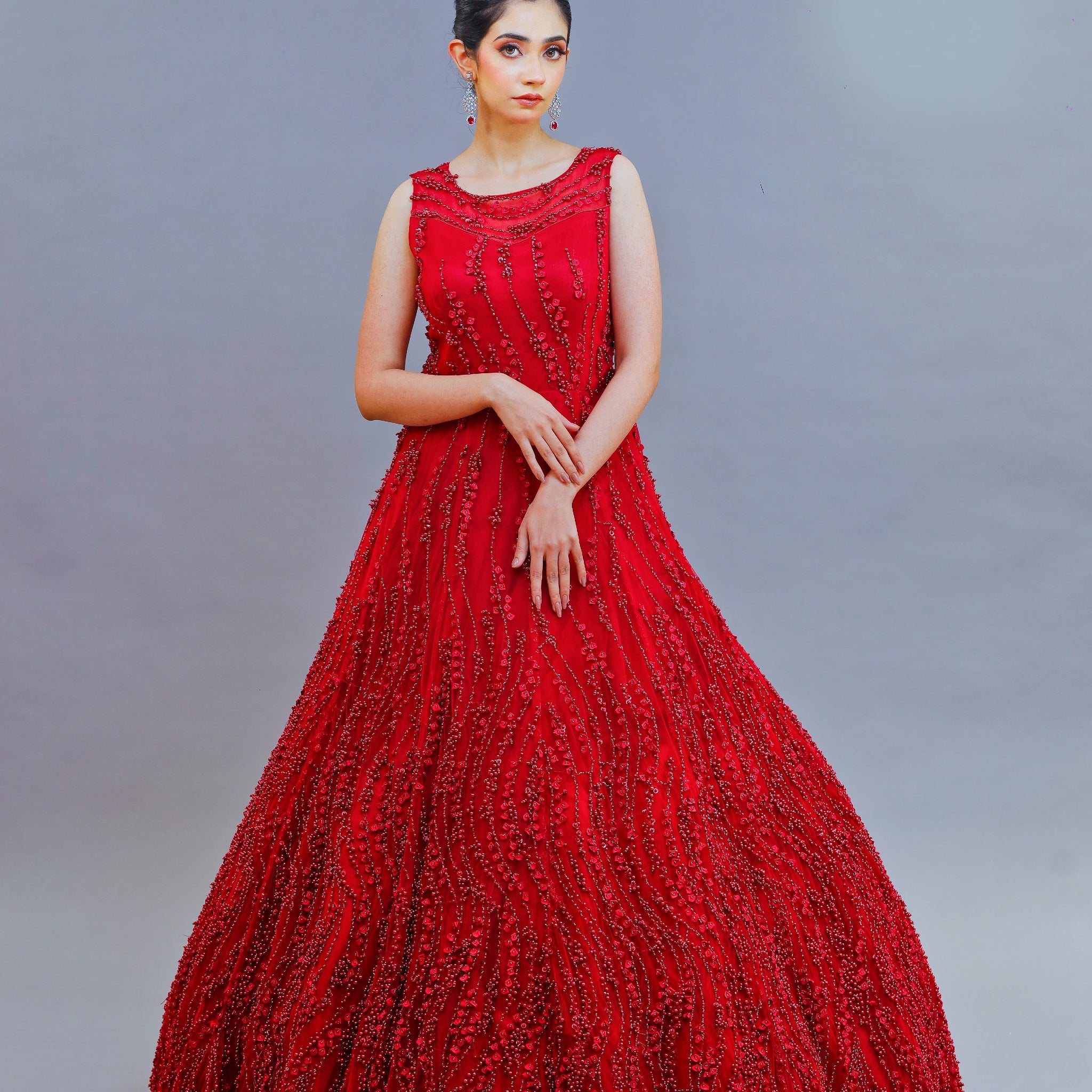 Cherry Red Net Gown with Pearl Work