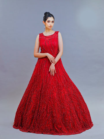 Cherry Red Net Gown with Pearl Work