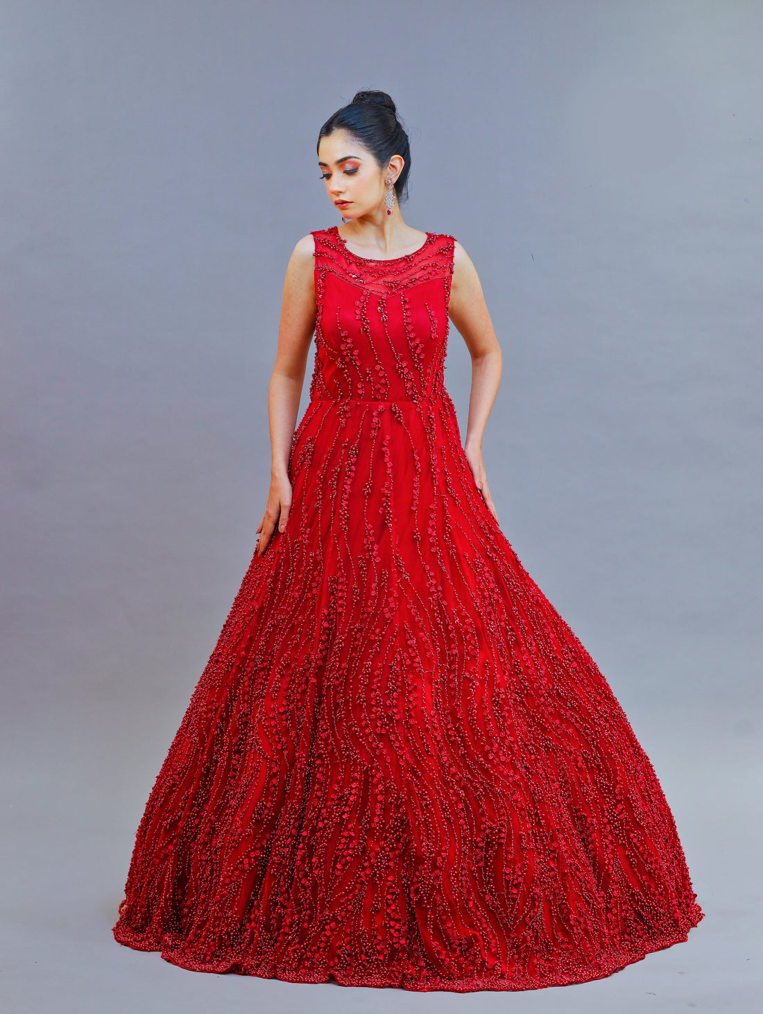 Cherry Red Net Gown with Pearl Work