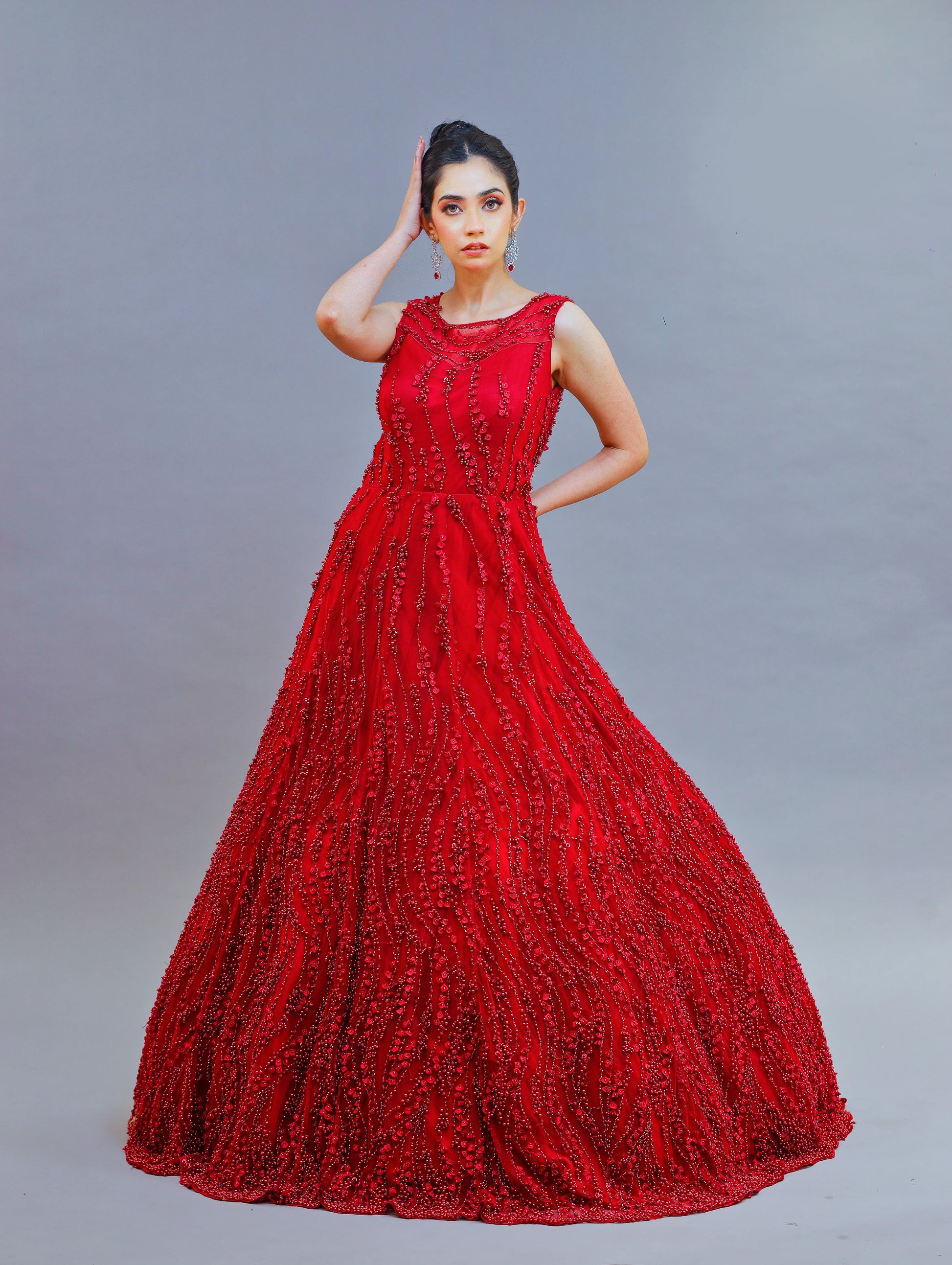 red net dress design Red Sequins Embellished Design Party Wear Net Gown