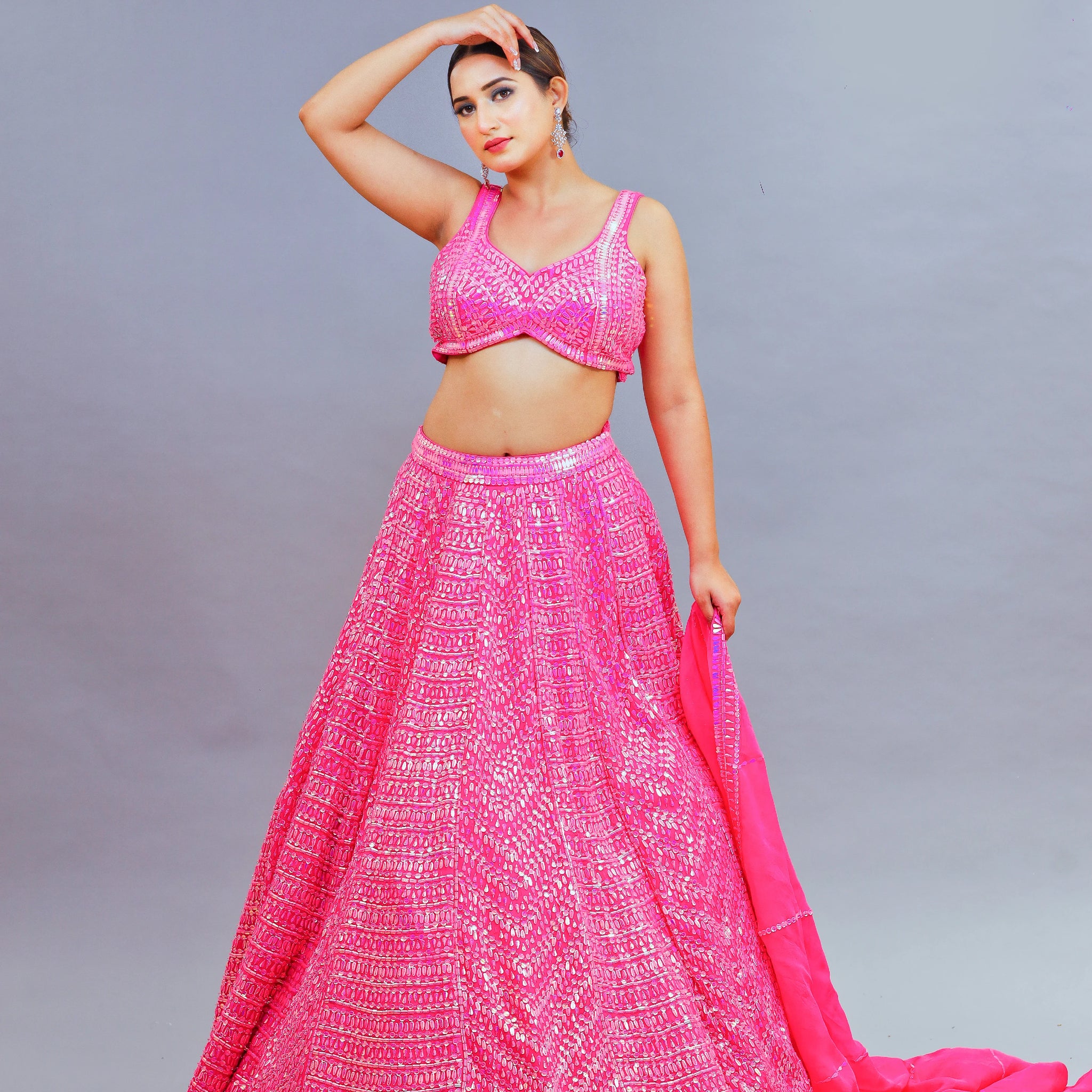 Fiery Rose Organza Lehenga