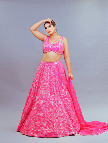 Fiery Rose Organza Lehenga