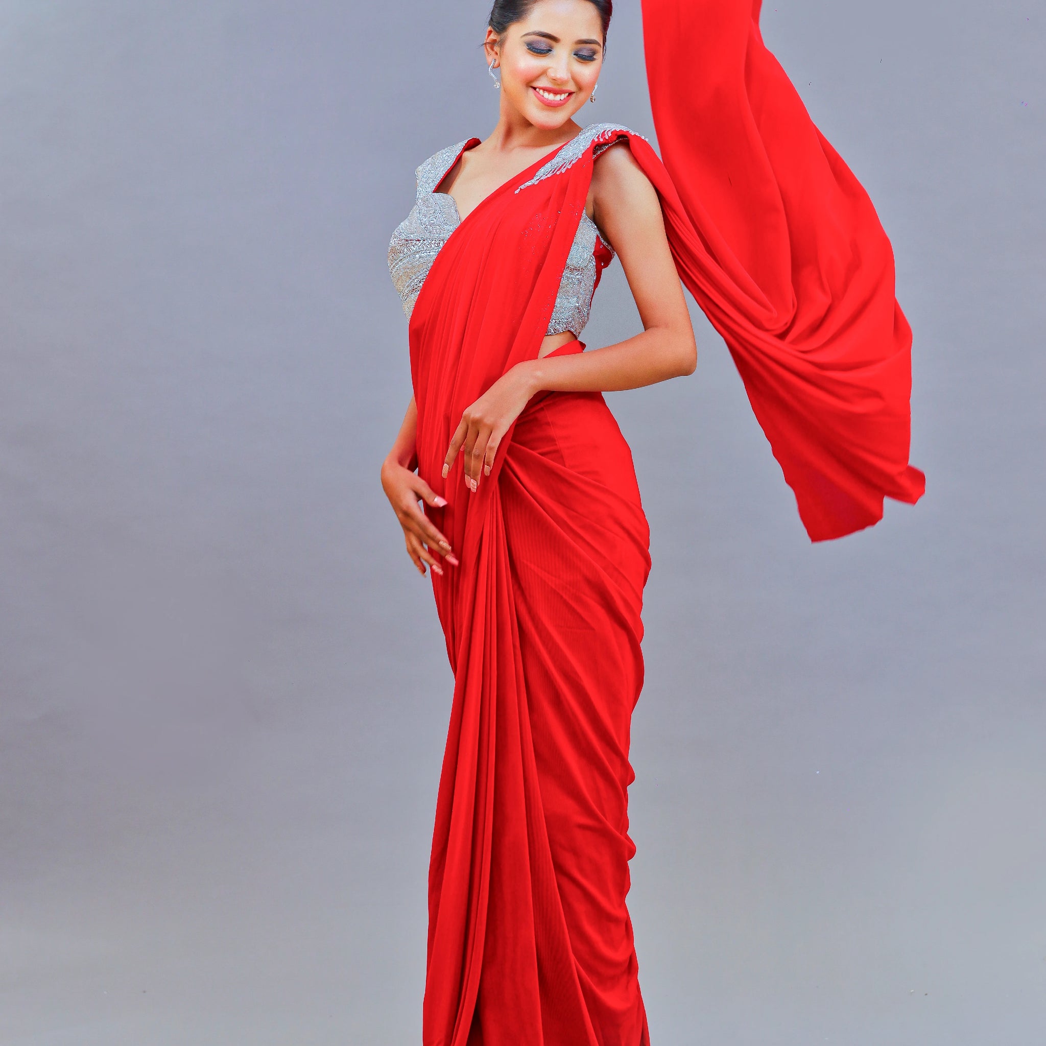 Lycra Hot Red Saree